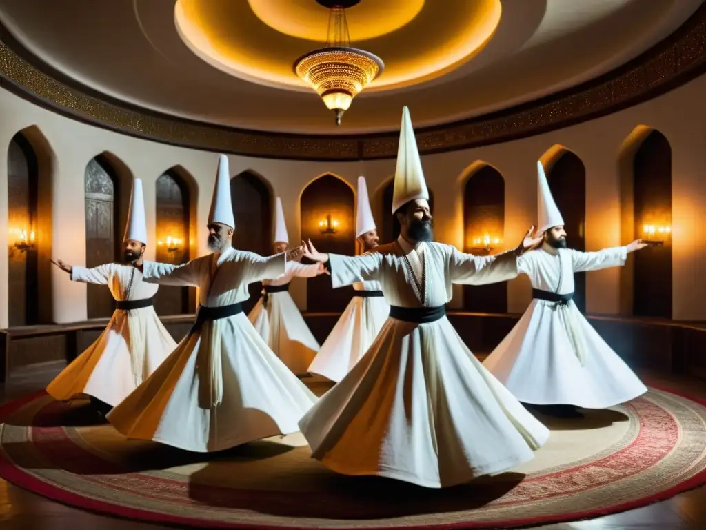 Un grupo de derviches sufíes girando en un trance espiritual en una habitación decorada