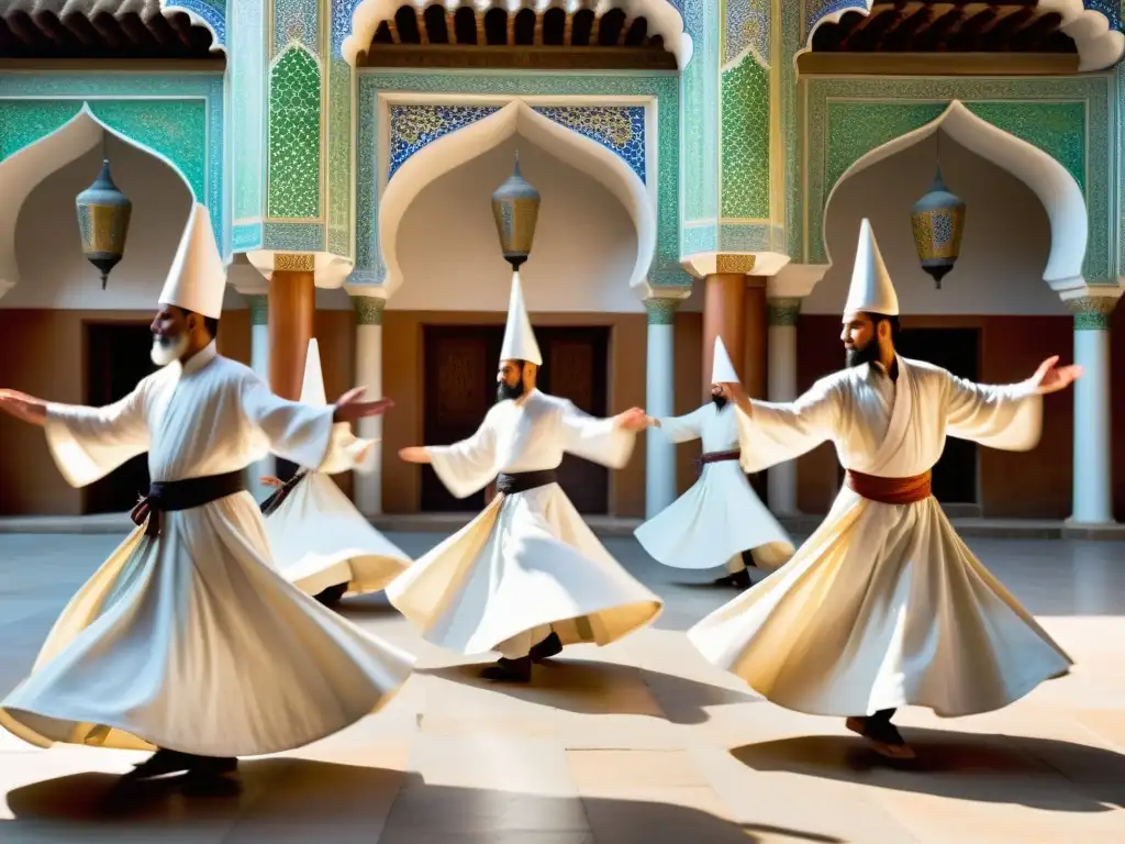 Grupo de derviches sufíes girando en trance, evocando el Amor divino en el Sufismo con sus movimientos hipnóticos y expresión serena