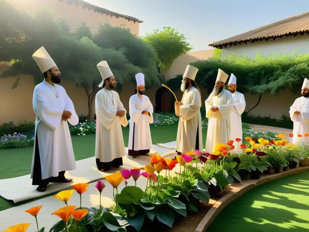 Un grupo de derviches sufíes, vestidos con túnicas blancas, cuidan un jardín colorido bajo el sol, reflejando la ética del servicio en Sufismo