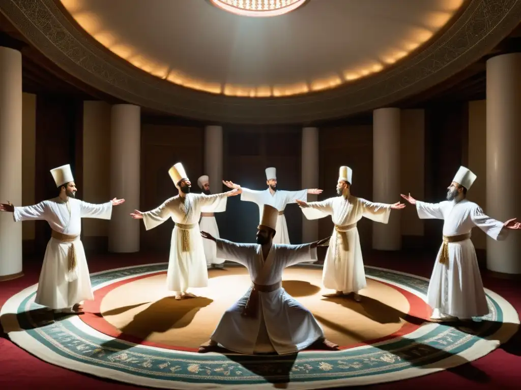Grupo de derviches vestidos de blanco girando en ritual Sufi, creando un ambiente místico con simbolismo giro Sufi derviches