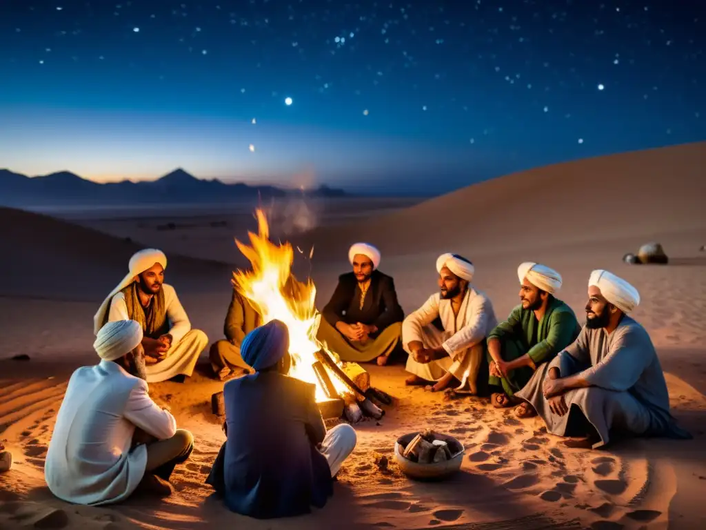Grupo de marabuts en el desierto del Magreb, con un rol filosófico, iluminados por la fogata bajo el cielo estrellado