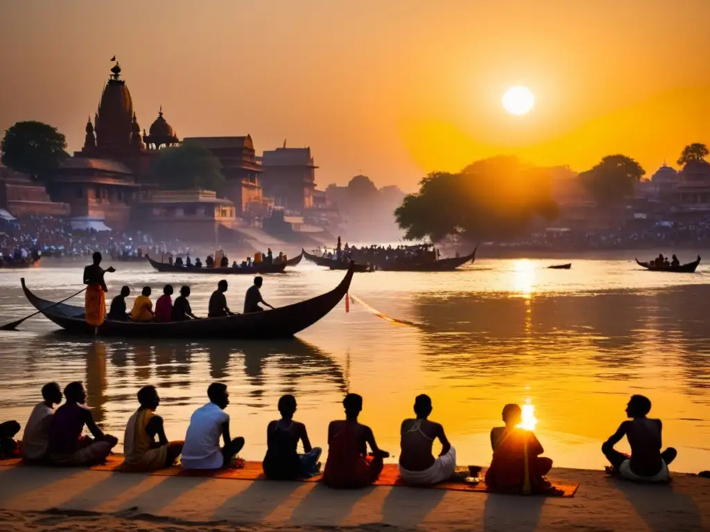Grupo de devotos hindúes realiza ritual matutino en el Ganges en Varanasi, India, capturando la esencia espiritual de la reencarnación en el hinduismo