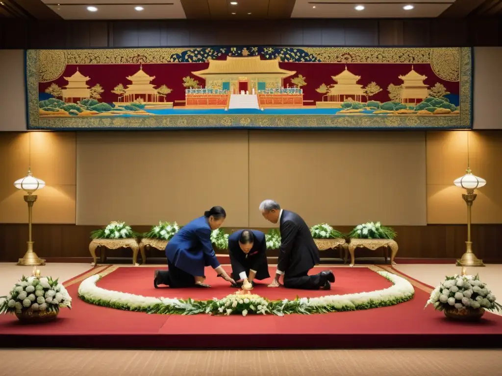 Grupo de diplomáticos asiáticos intercambiando regalos en un salón diplomático decorado, reflejando la importancia del Confucianismo en diplomacia