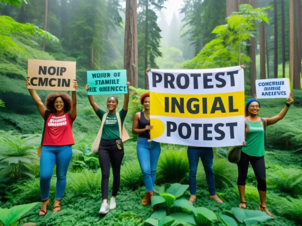 Grupo diverso de activistas ecofeministas sosteniendo pancartas coloridas con arte inspirado en la naturaleza, frente a un bosque verde exuberante