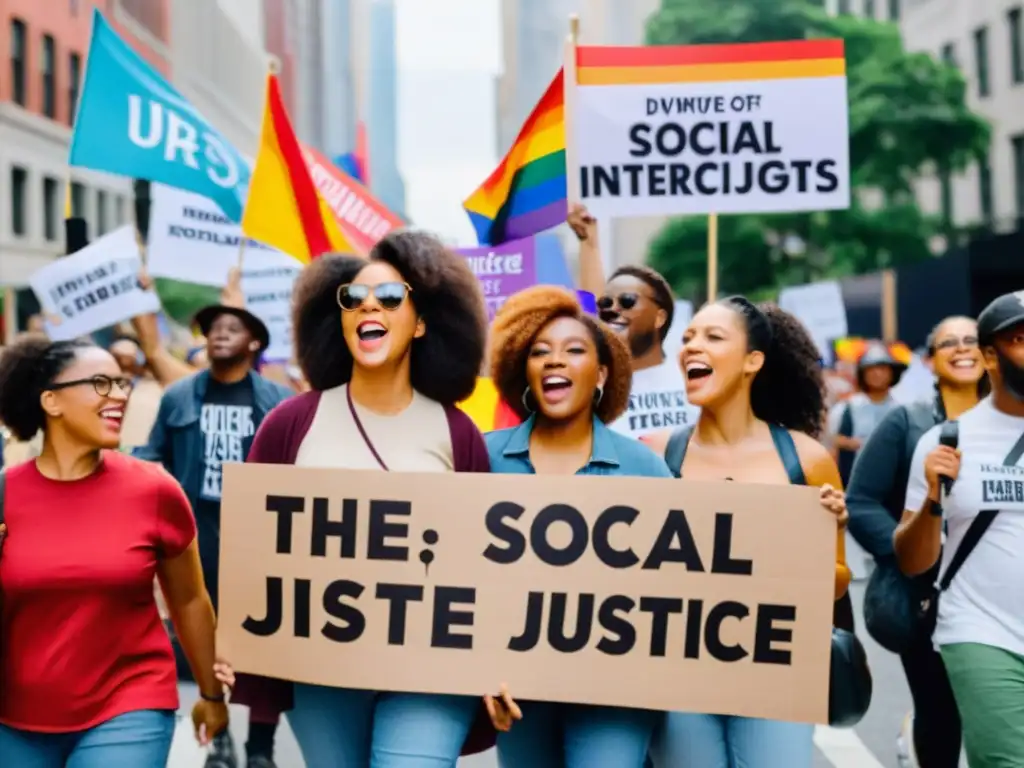 Grupo diverso de activistas marchando juntos en la calle de la ciudad, representando movimientos de justicia social interconectados