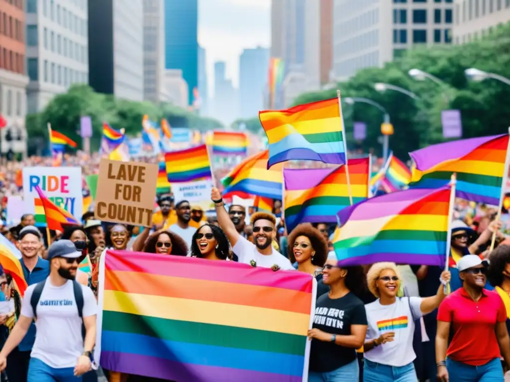 Un grupo diverso de activistas marcha con pancartas y banderas coloridas en un desfile del orgullo