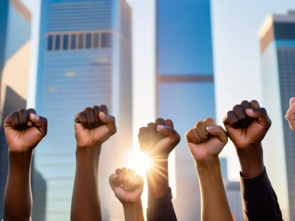 Un grupo diverso de activistas se unen en solidaridad, levantando los puños contra el telón de fondo de rascacielos urbanos