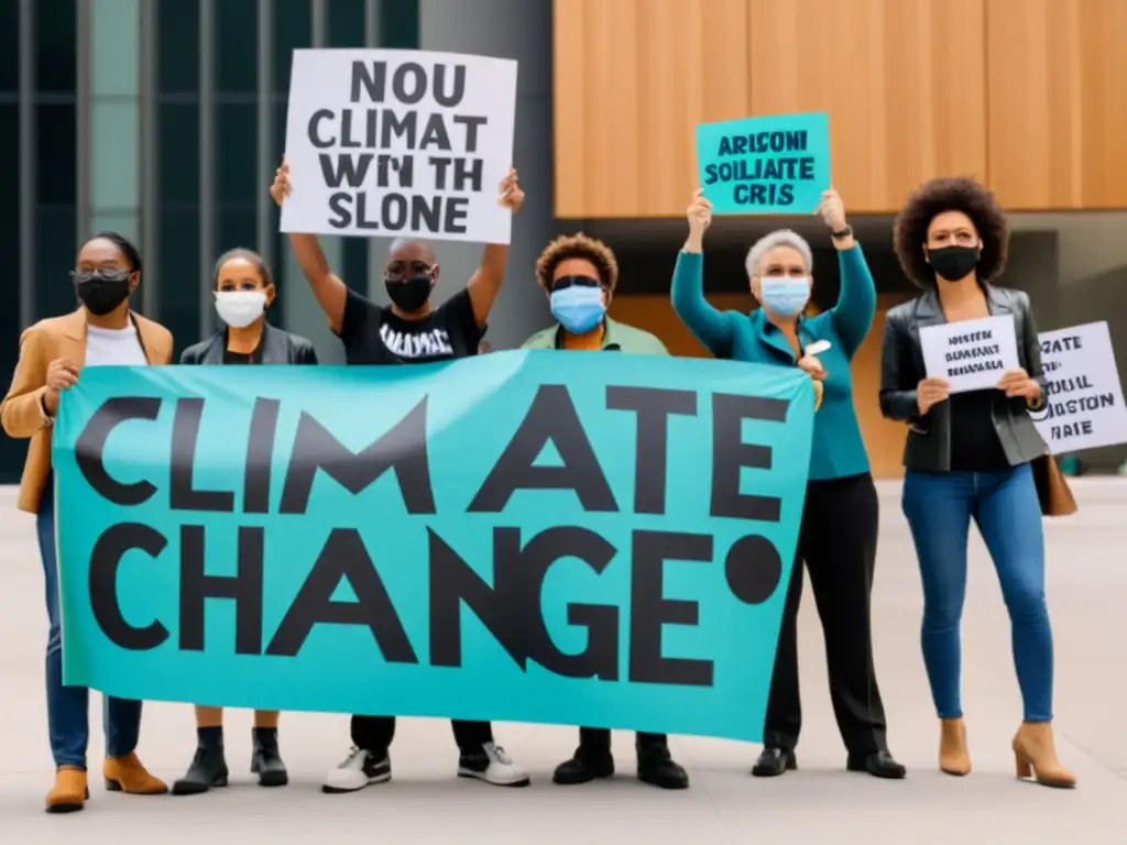 Grupo diverso de activistas exige soluciones radicales al cambio climático frente a un edificio gubernamental o corporativo