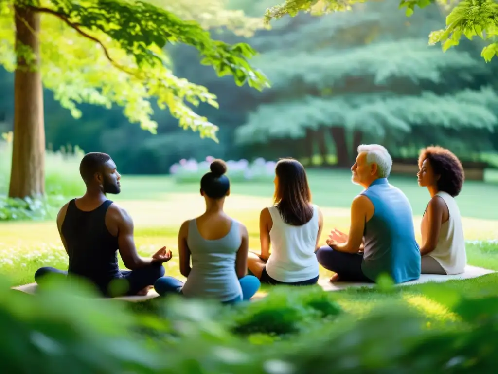 Grupo diverso en meditación al aire libre, fortaleciendo lazos emocionales
