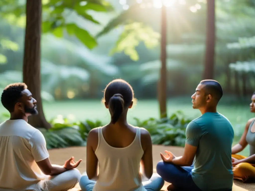 Grupo diverso medita al aire libre, conectando con la paz interior