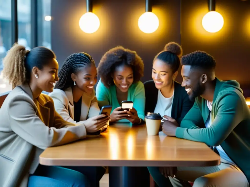 Un grupo diverso de amigos en un café, absortos en sus smartphones con el brillo de las pantallas iluminando sus rostros