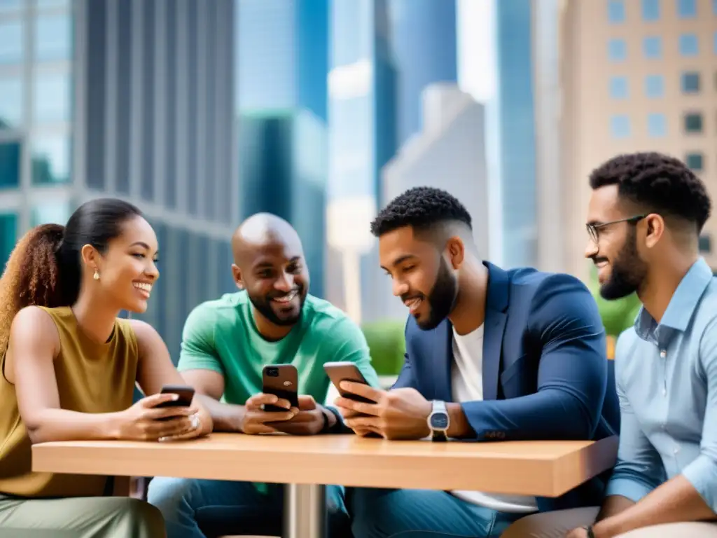 Grupo diverso en conversación, unidos por amor y amistad en redes sociales, en un ambiente urbano moderno con luz cálida