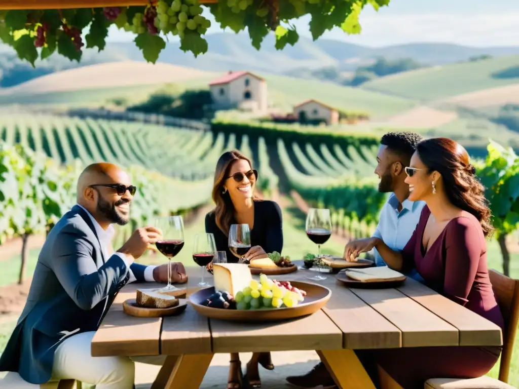 Un grupo diverso disfruta de una animada conversación en una bodega, rodeados de viñedos