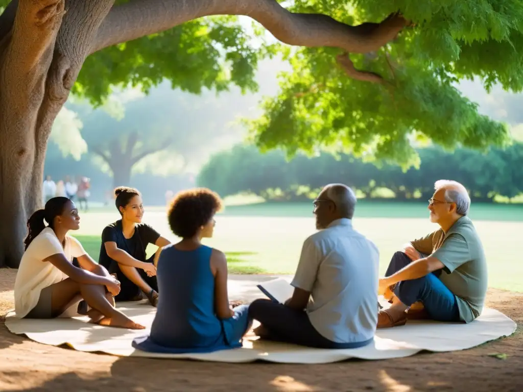 Grupo diverso en animada discusión filosófica bajo un árbol