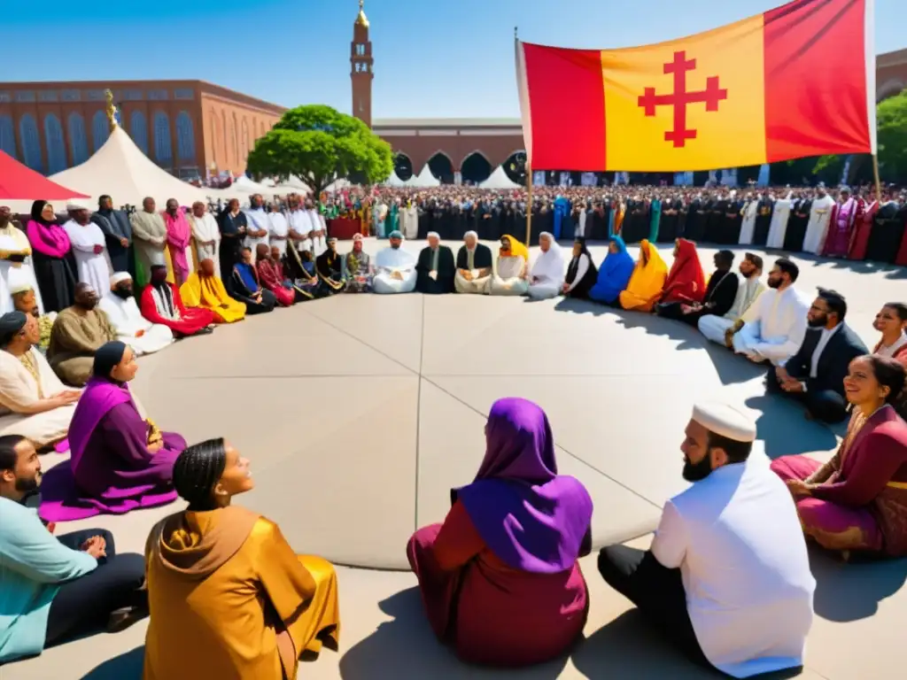 Grupo diverso en animadas conversaciones sobre diálogo interreligioso en una plaza mundial