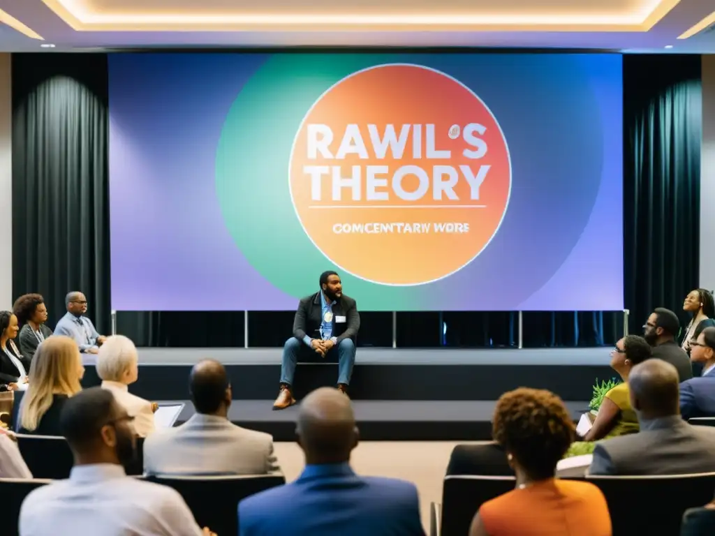Grupo diverso participa en animado debate sobre la influencia de Rawls en ética contemporánea en conferencia académica bien iluminada