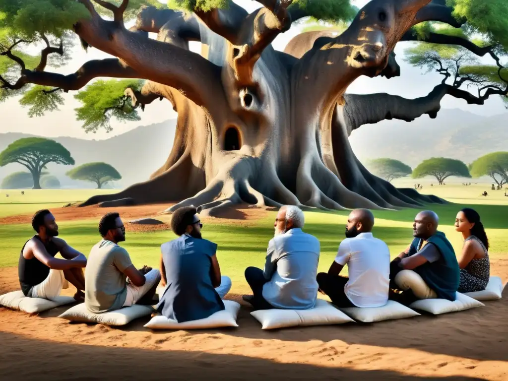Un grupo diverso discute apasionadamente bajo un árbol centenario, representando la libertad en el pensamiento filosófico