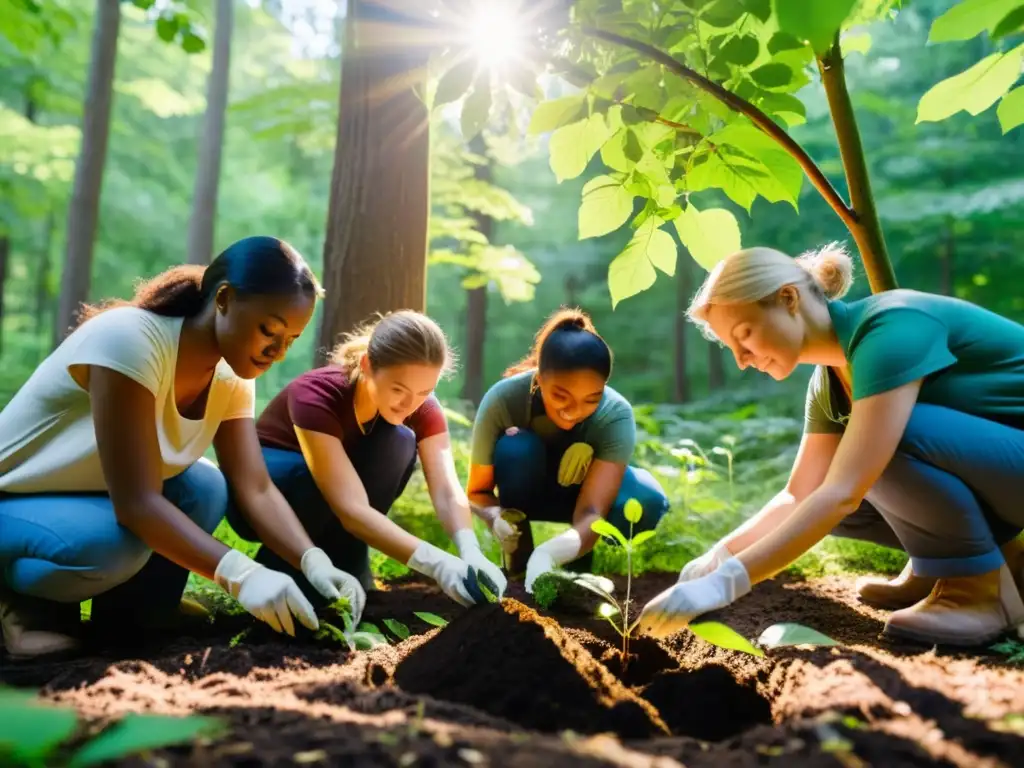 Un grupo diverso planta árboles en un exuberante bosque