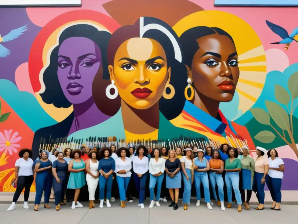 Un grupo diverso de artistas feministas desafía patriarcado con mural vibrante y expresiones determinadas