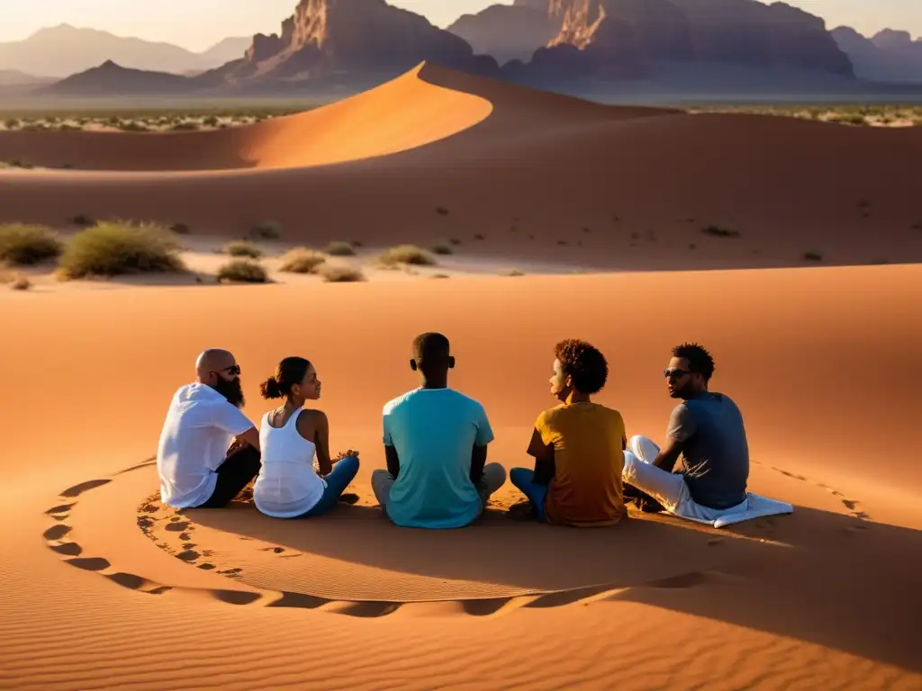 Un grupo diverso discute filosofía al atardecer en el desierto de Oriente Medio