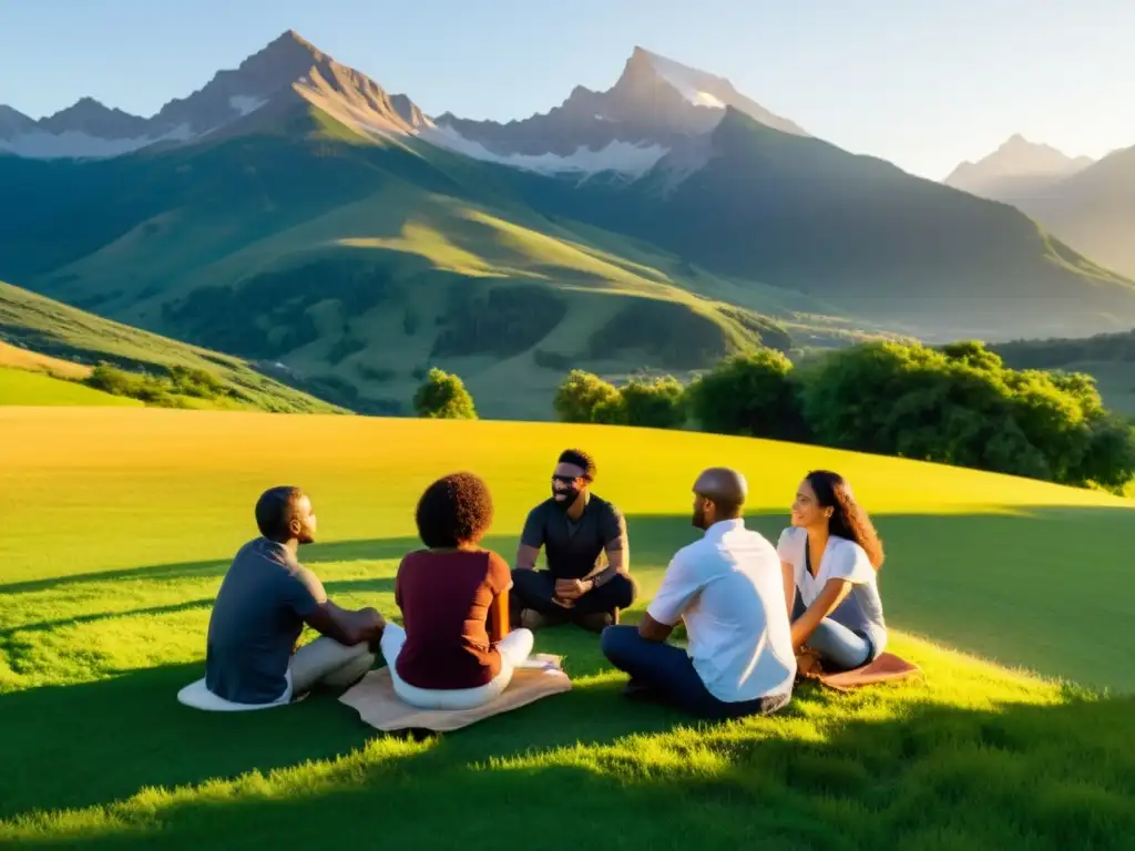 Un grupo diverso disfruta de un atardecer en un prado verde, participando en animadas conversaciones