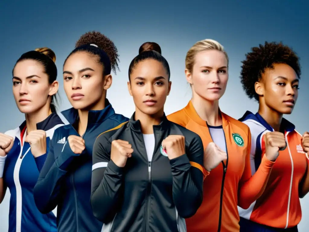 Grupo diverso de atletas femeninas con puños en alto desafiando estereotipos y promoviendo el feminismo y deporte rompiendo estereotipos