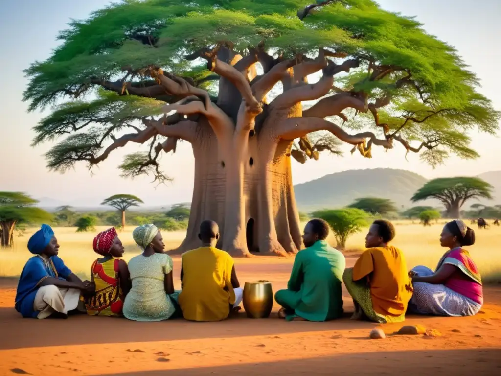 Grupo diverso debajo de un baobab, debaten filosofía en África, vistiendo colores vibrantes