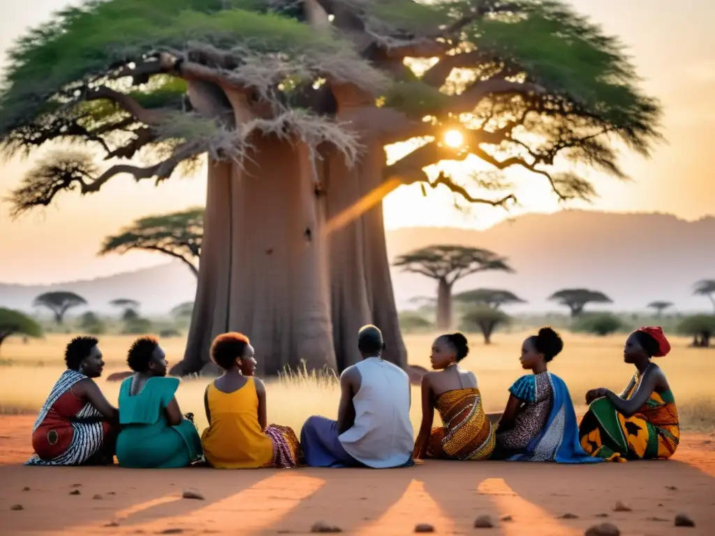 Un grupo diverso se reúne bajo un baobab en la sabana africana, con expresiones de conexión y contemplación
