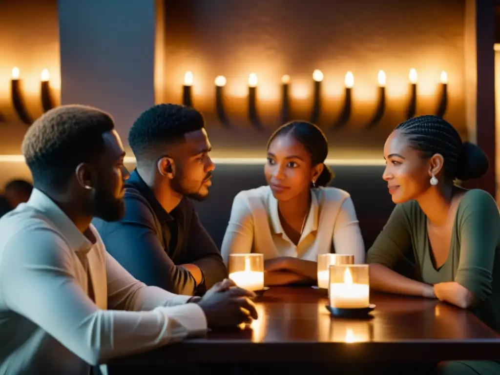 Un grupo diverso comparte una cena en un restaurante, inmersos en una conversación profunda