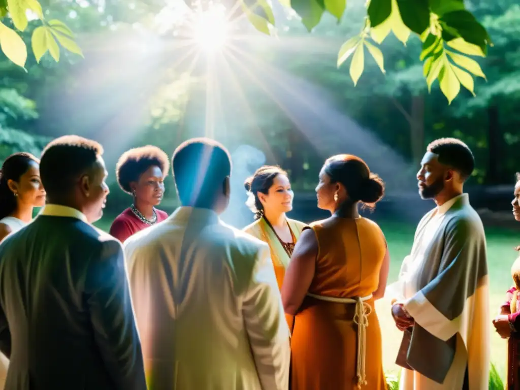 Un grupo diverso participa en una ceremonia espiritual al aire libre