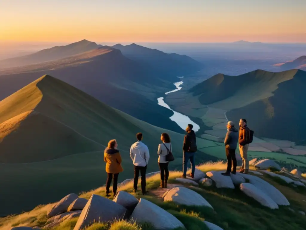 Conversaciones filosóficas en la cima: unión e inspiración Grupo diverso en la cima de la montaña, en profunda conversación al atardecer