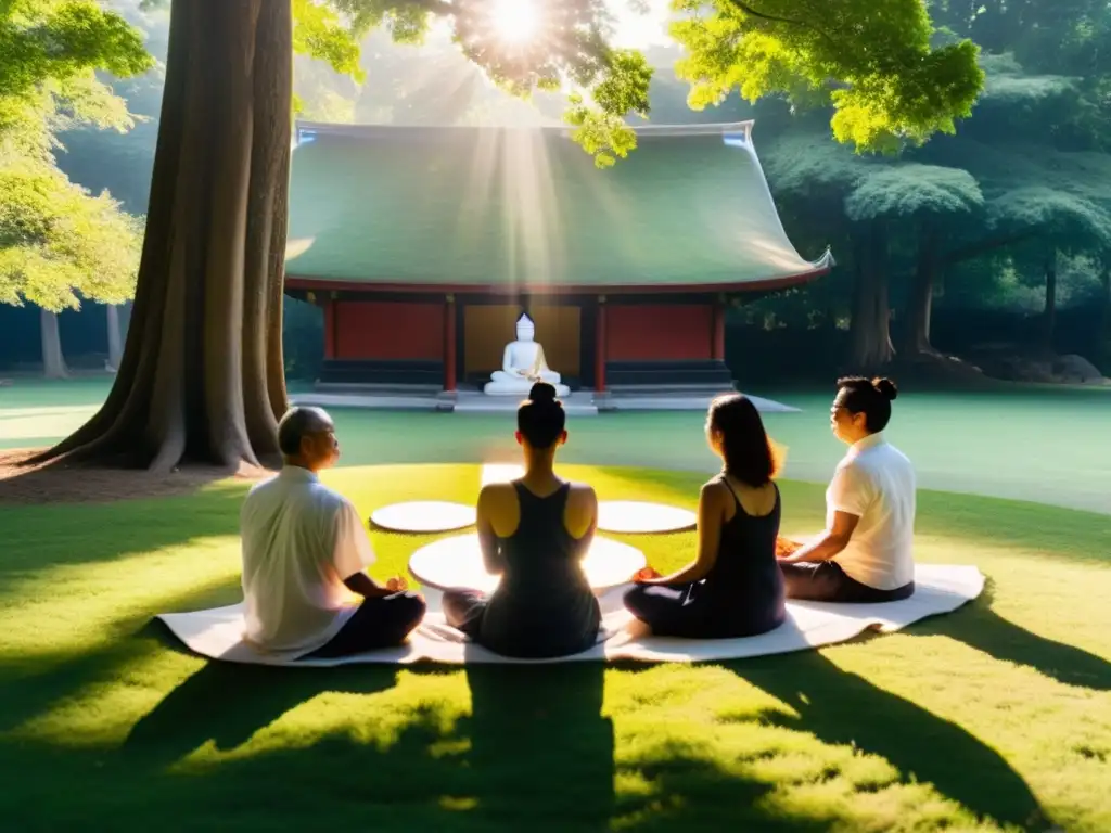 Grupo diverso medita en círculo al aire libre entre árboles, con símbolos de filosofías orientales