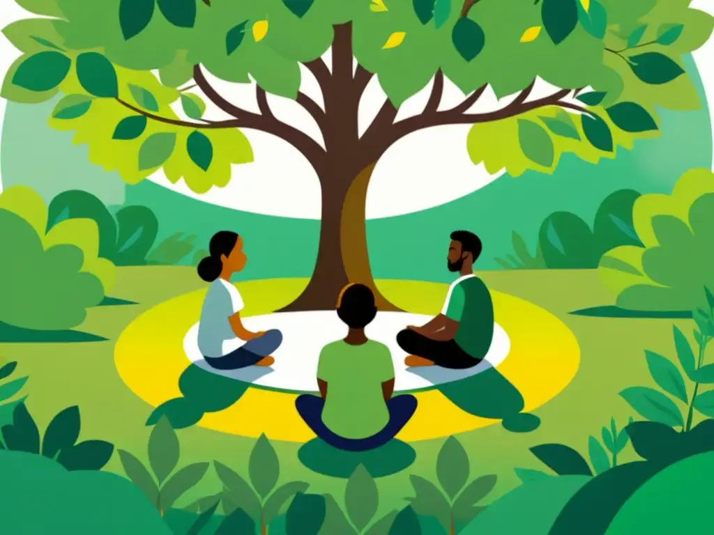 Un grupo diverso dialoga en círculo bajo un árbol frondoso, transmitiendo armonía y empatía