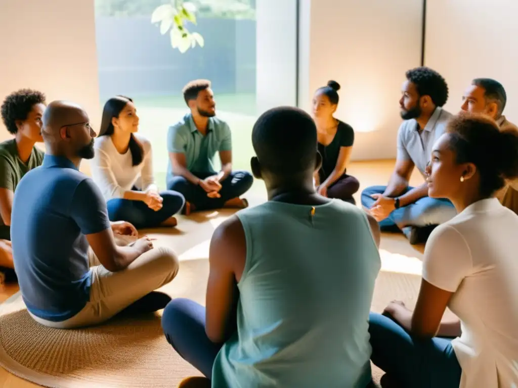 Grupo diverso en círculo, conversando y escuchándose con atención en una habitación iluminada naturalmente