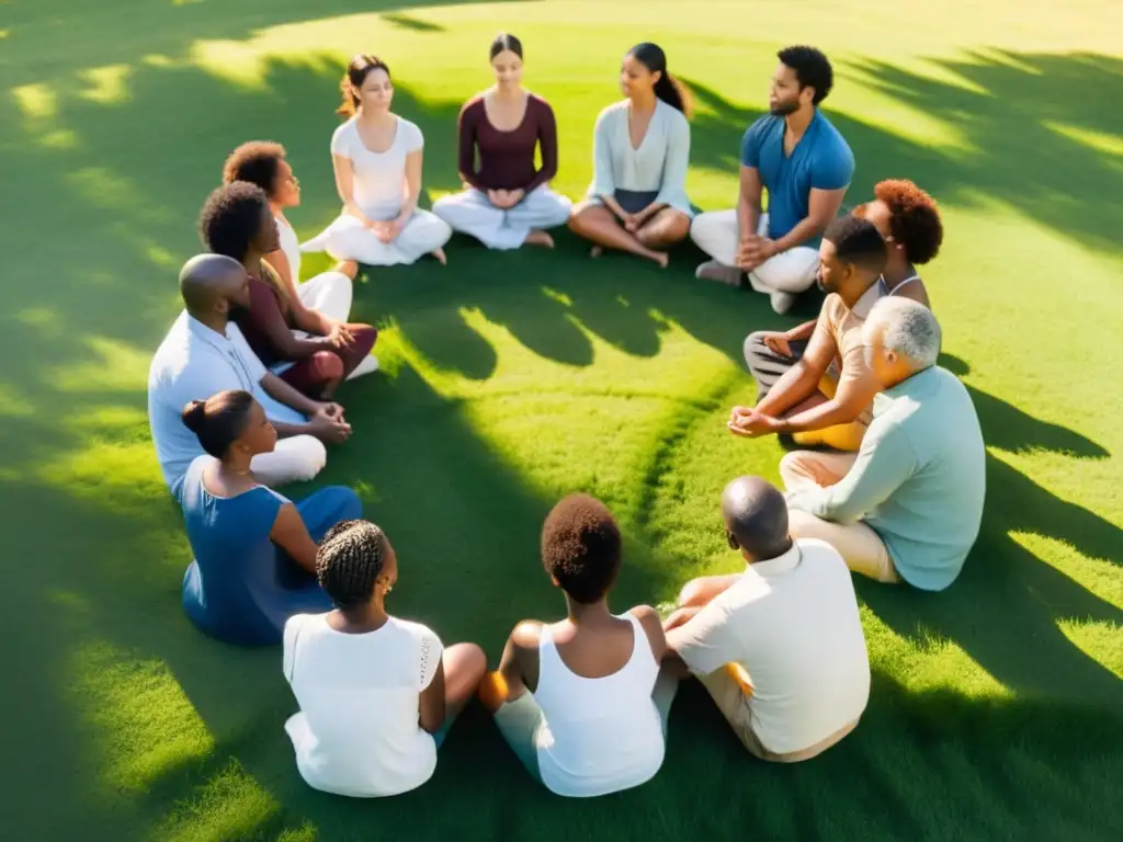 Grupo diverso medita en círculo en campo, expresando paz interior y conexión