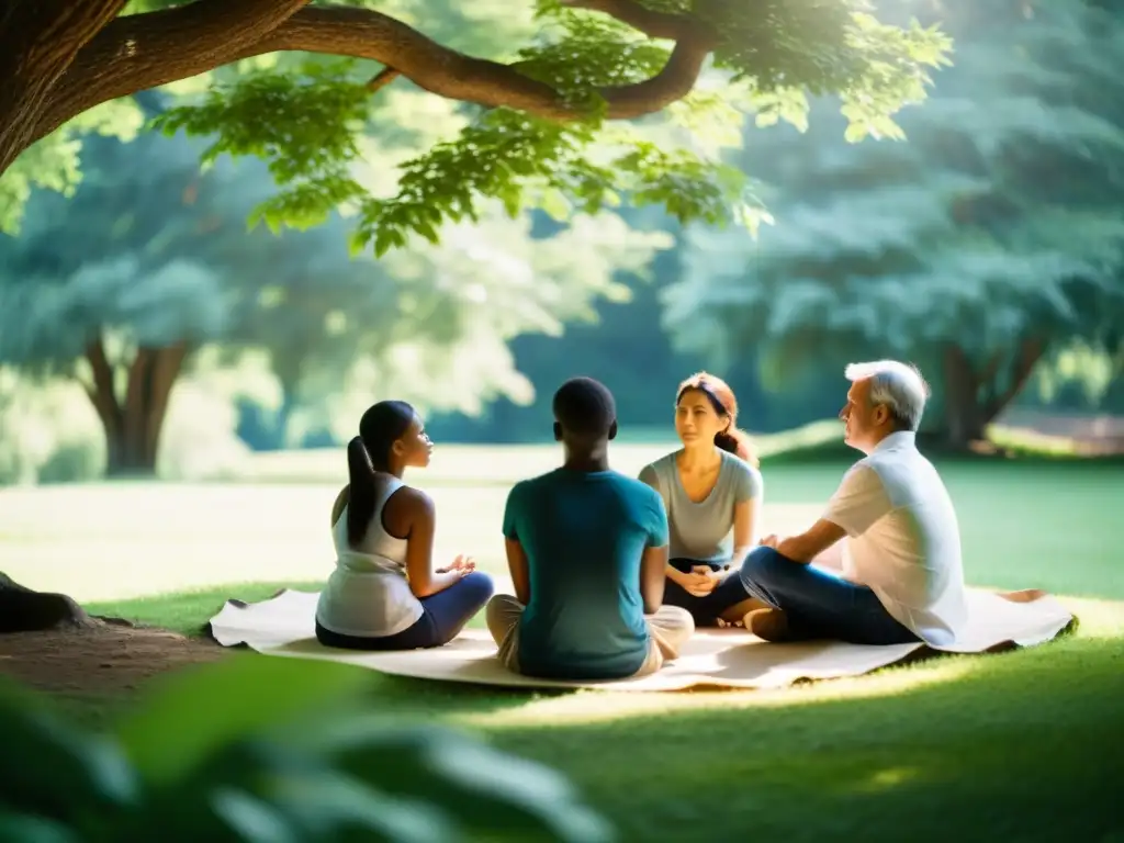 Un grupo diverso practica mindfulness en un círculo en la naturaleza, fomentando la comunicación efectiva