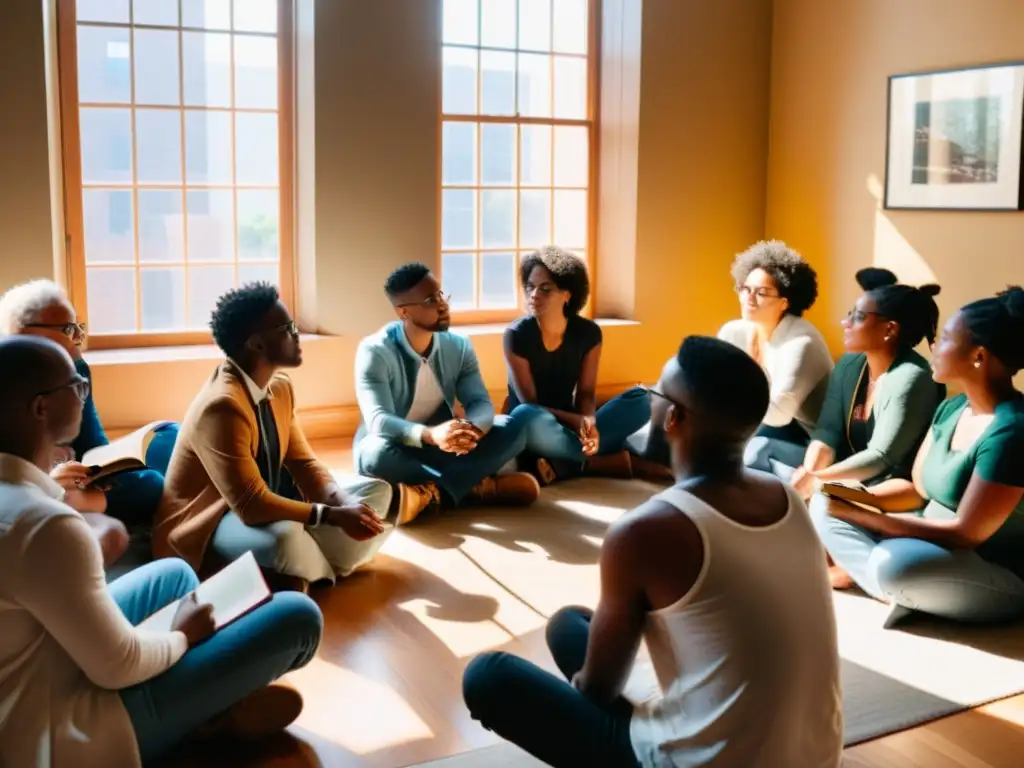 Grupo diverso en círculo, discutiendo filosofía queer en un ambiente cálido e inclusivo, iluminado por luz natural