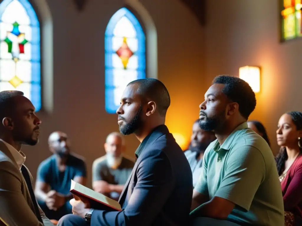 Grupo diverso en círculo discutiendo la relación entre anarquismo y religión con respeto y apertura, en ambiente contemplativo iluminado por vitrales