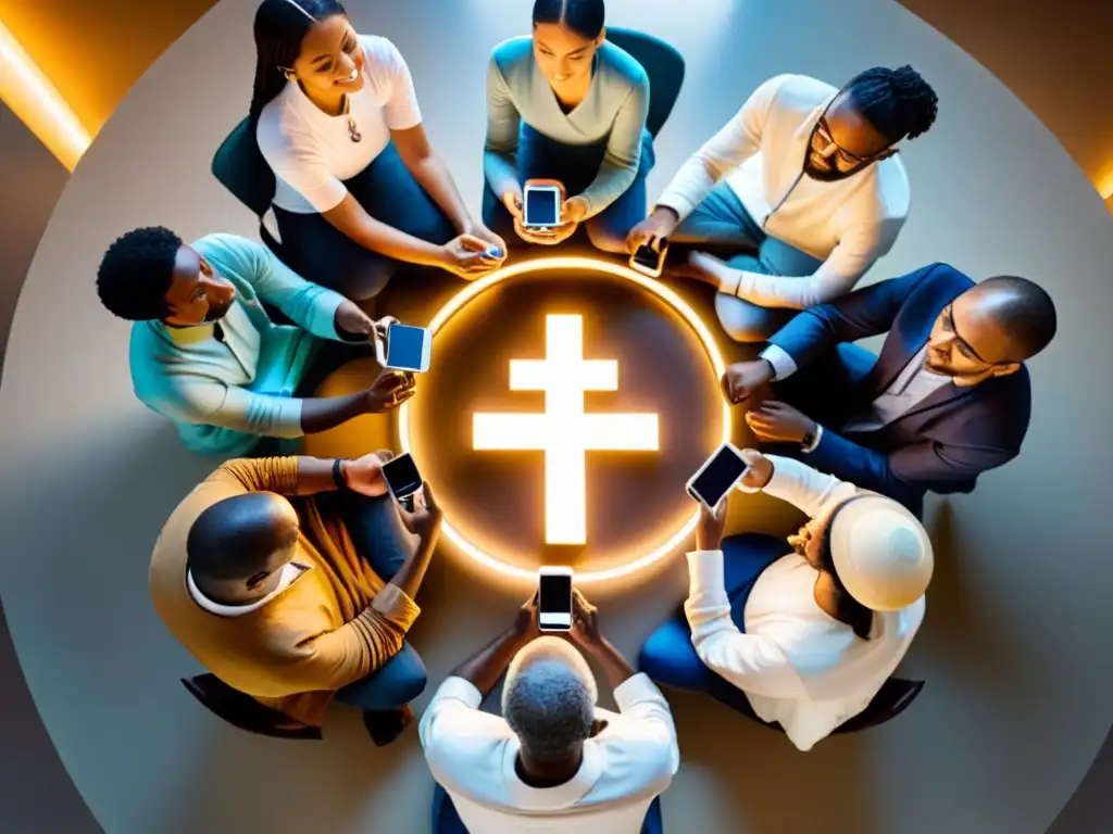 Grupo diverso en círculo, dialogando y compartiendo símbolos religiosos en dispositivos