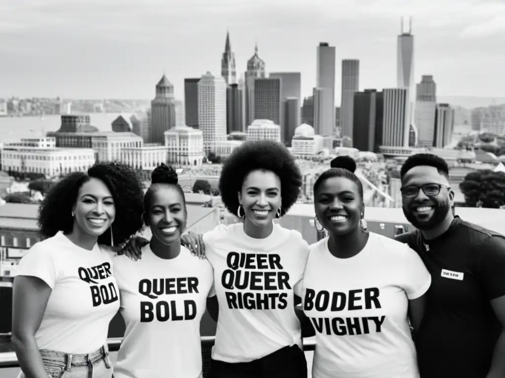 Grupo diverso en la ciudad con camisetas queer identidad cuestionamiento filosófico, unidos y decididos