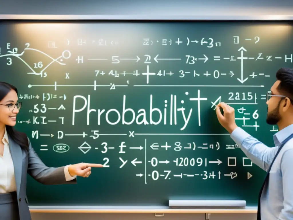 Un grupo diverso discute una compleja ecuación matemática sobre la Filosofía de la probabilidad en mundo determinista