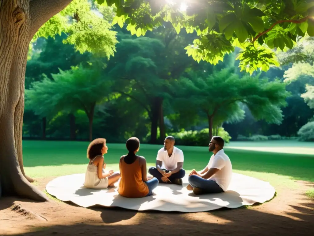 Un grupo diverso construyendo comunidad basada en Ecología Profunda, conversando en un círculo al aire libre entre exuberante vegetación