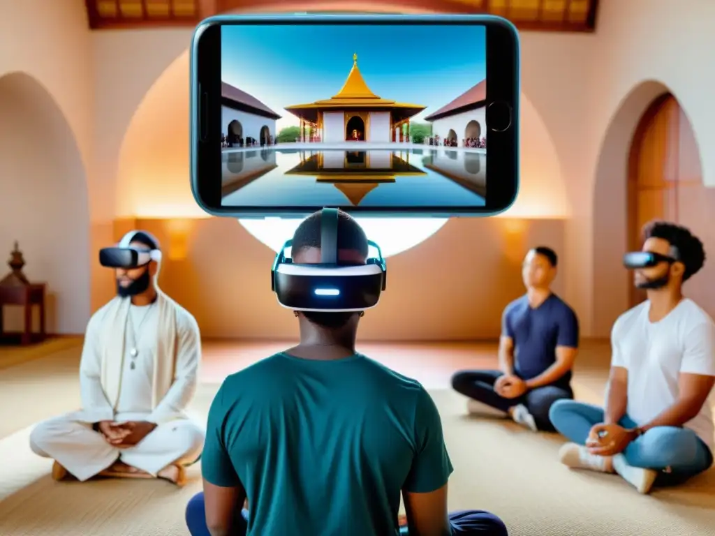 Grupo diverso conectando creencias a través de tecnología en cálida atmósfera de unidad espiritual