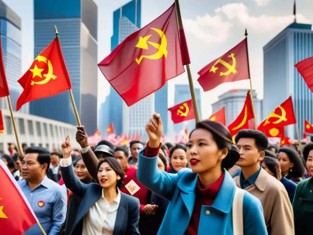 Grupo diverso debate bajo banderas comunistas en ciudad global