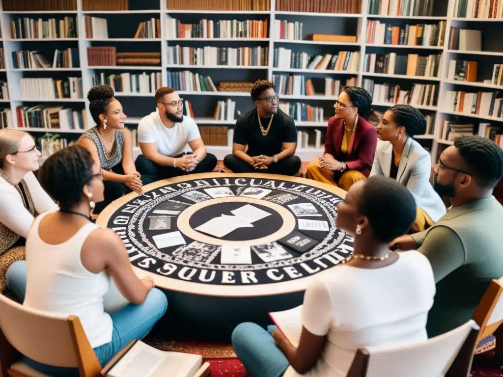 Grupo diverso debate con intensidad el pensamiento Queer raíces filosóficas, rodeado de libros y arte cultural