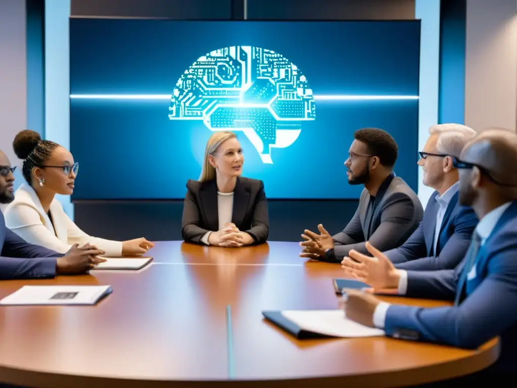 Grupo diverso debate principios éticos en inteligencia artificial en ambiente futurista