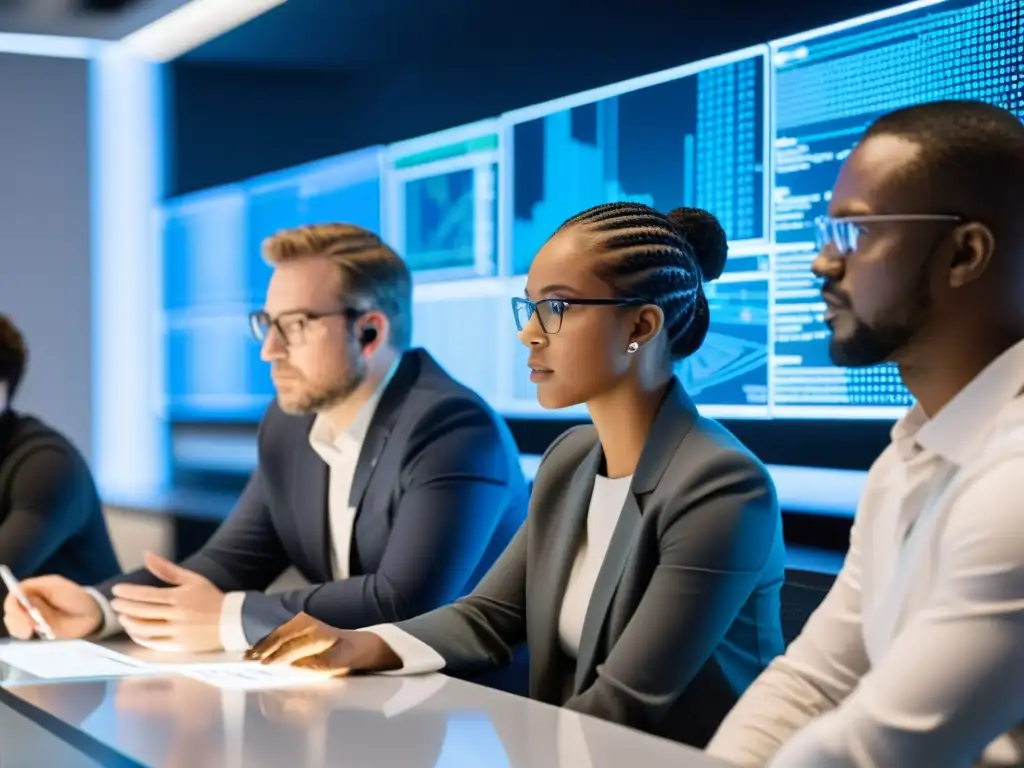 Equipo diverso de desarrolladores de IA en ética colaborativa Un grupo diverso de desarrolladores e investigadores de IA colaboran en un laboratorio tecnológico, examinando algoritmos complejos y datos