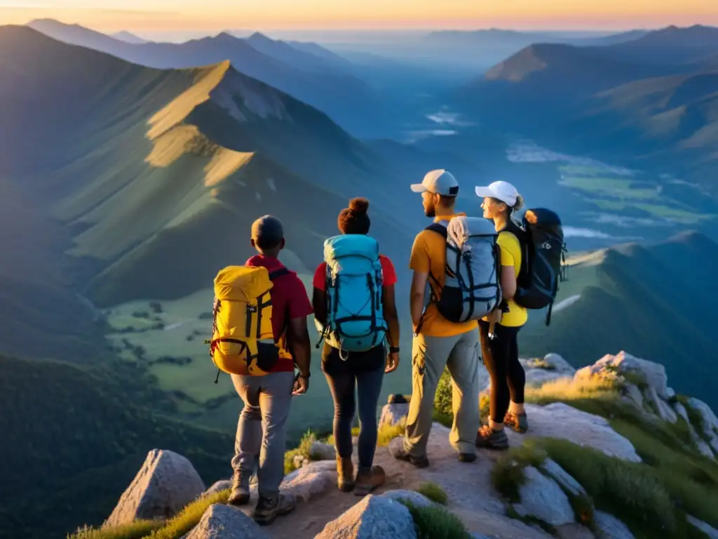 Un grupo diverso y determinado contempla el atardecer desde la cima de una montaña, simbolizando analogías filosóficas para liderazgo
