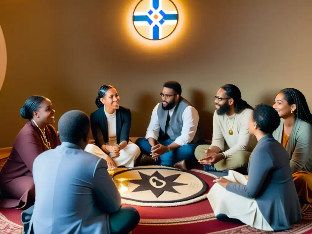 Grupo diverso participa en diálogo interreligioso en un ambiente cálido y acogedor, compartiendo comida y conversaciones animadas