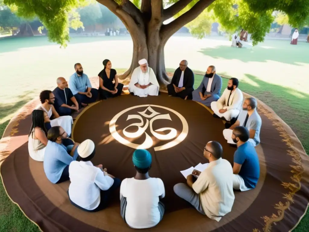 Grupo diverso en diálogo interreligioso bajo un árbol, representando el camino filosófico hacia la libertad religiosa